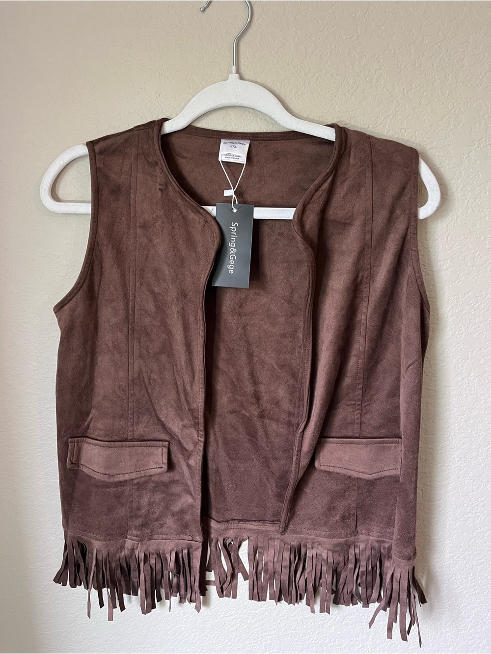 NWT Spring&Gege XXL 13-14 Brown Faux Suede Fringe Vest Western Cowgirl Boho 70s